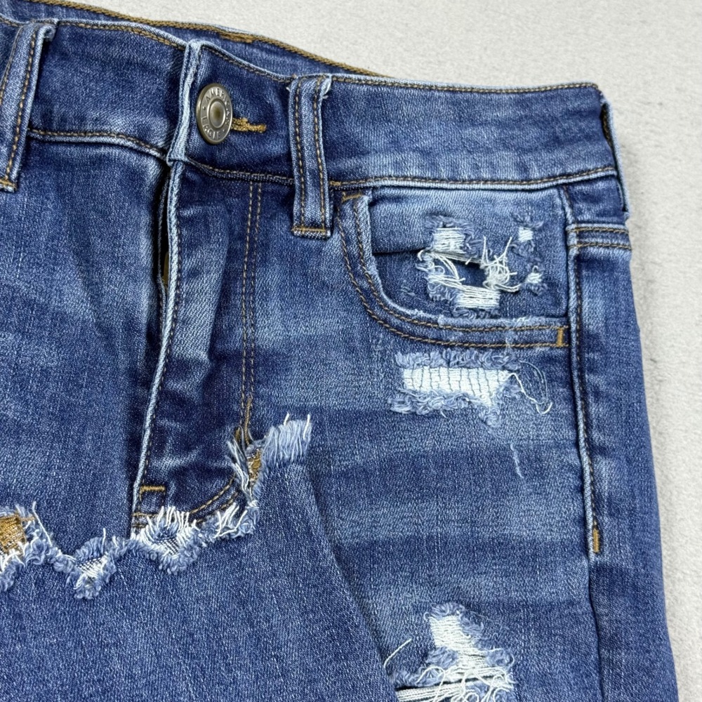 American Eagle High Waisted Distressed Skinny Jeans Blue Raw Hem Womens 0 Short